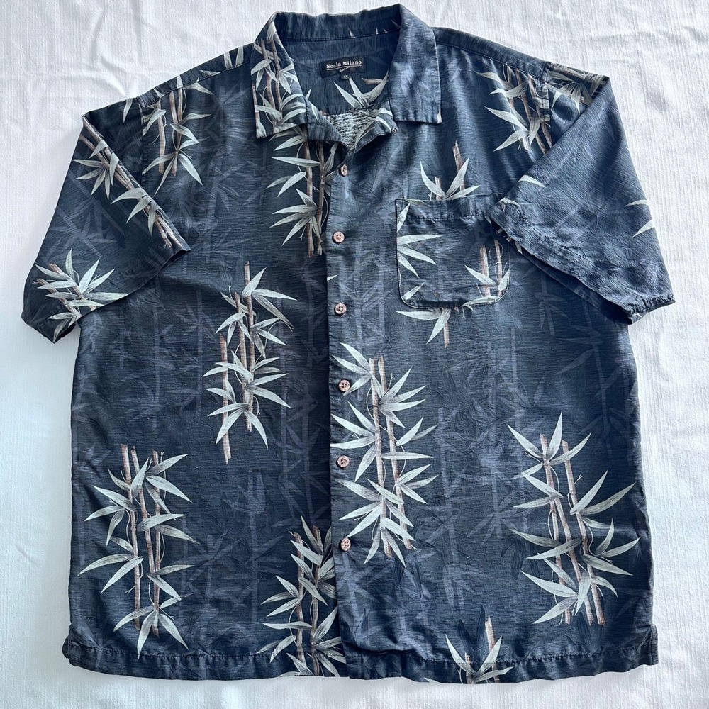 Scala Milano Mens XXL 100% Silk Bamboo Print Short Sleeve Button Up Shirt Black
